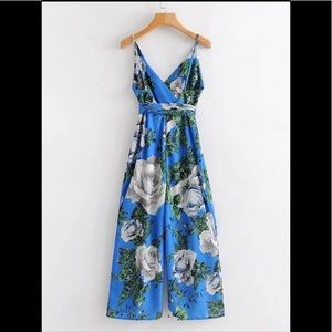 Rose Printed Wide Leg Jumpsuit with Tied Waist